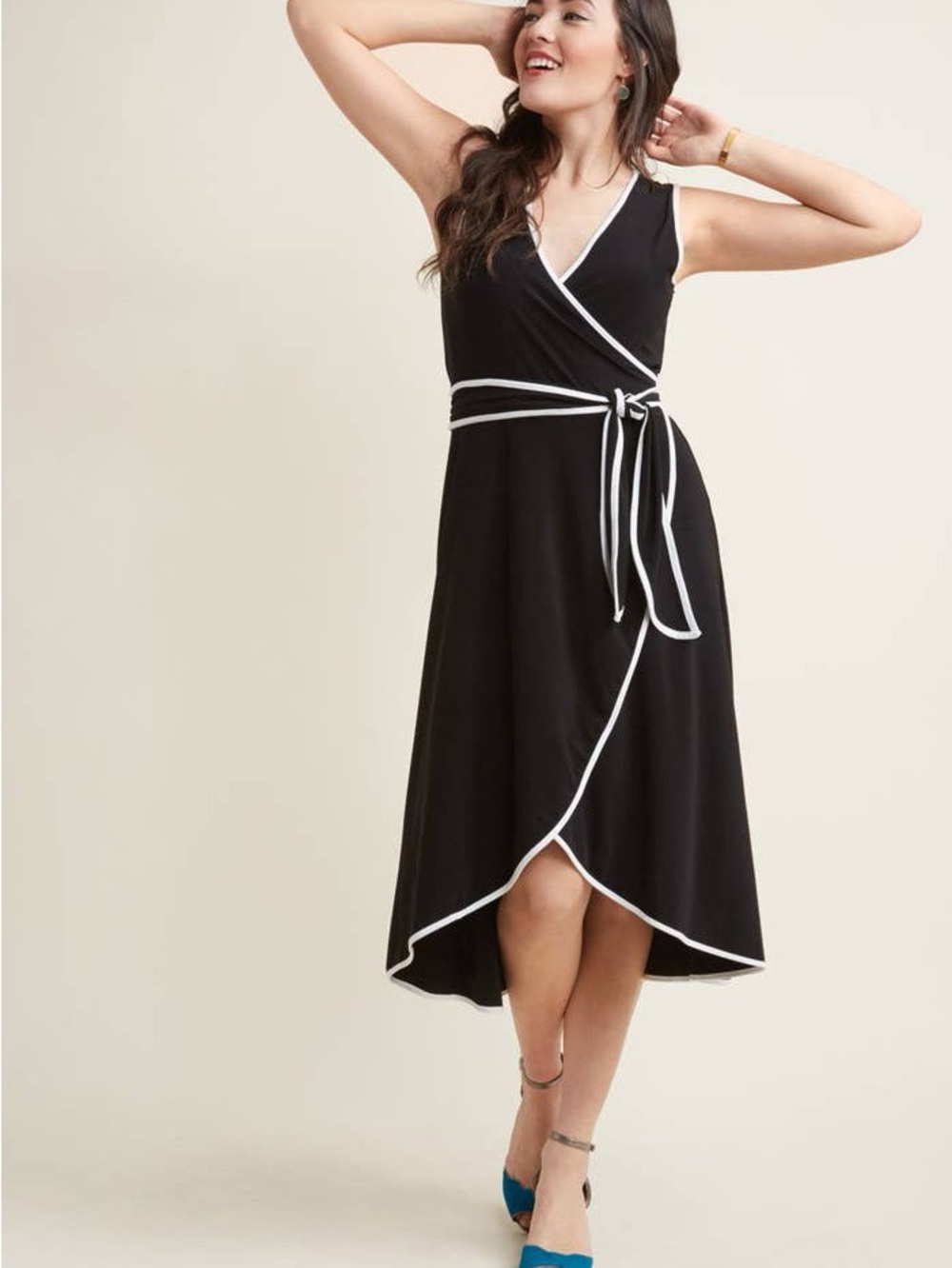 Calvin Klein Black Wrap Midi Dress with White Trim